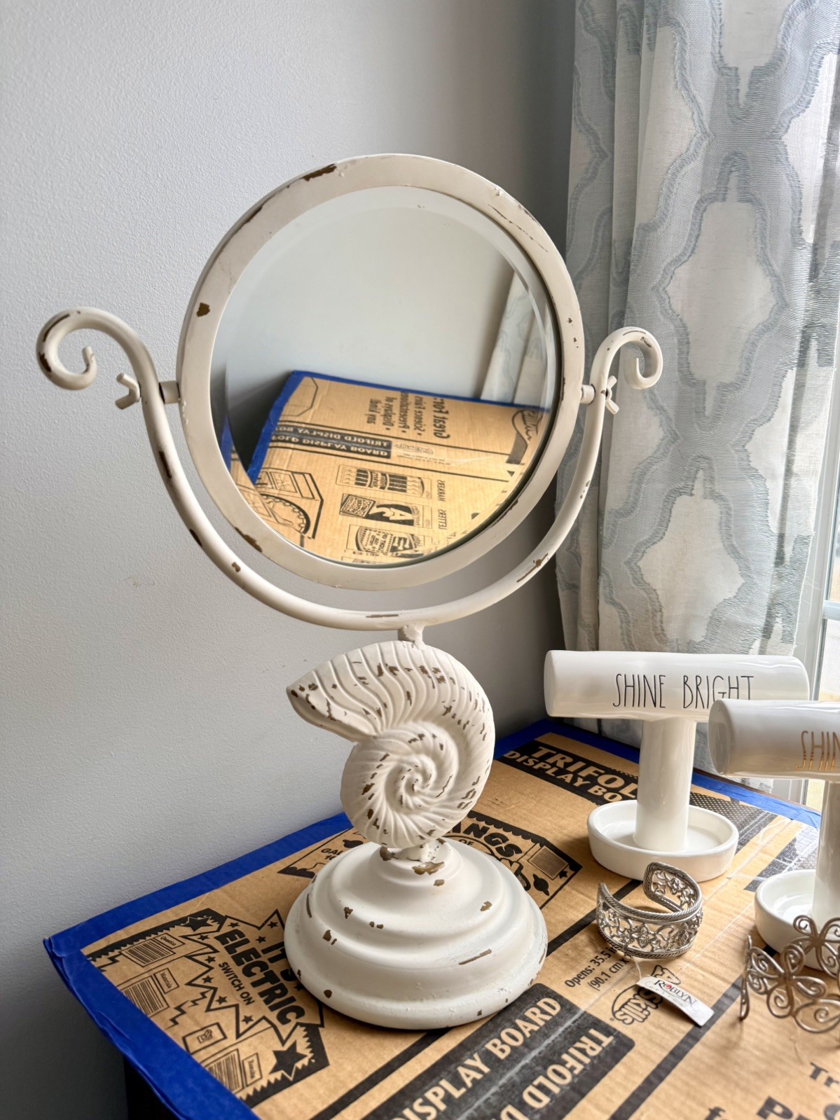 Vintage White Metal Shell Table Mirror – Factory Distressed, 19”(H) x 15.5”(W) A