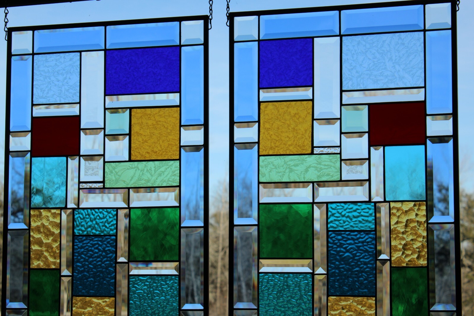 Stained Glass window pair, hanging panels each panel37.5×16.5 ” colored glass