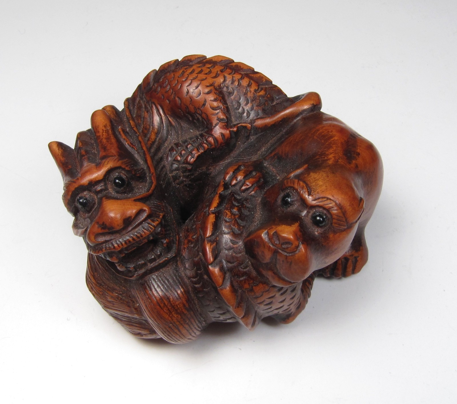 Japanese Edo / Meiji Period Signed Inlaid Ebony Boxwood Netsuke Dragon Lion Dog