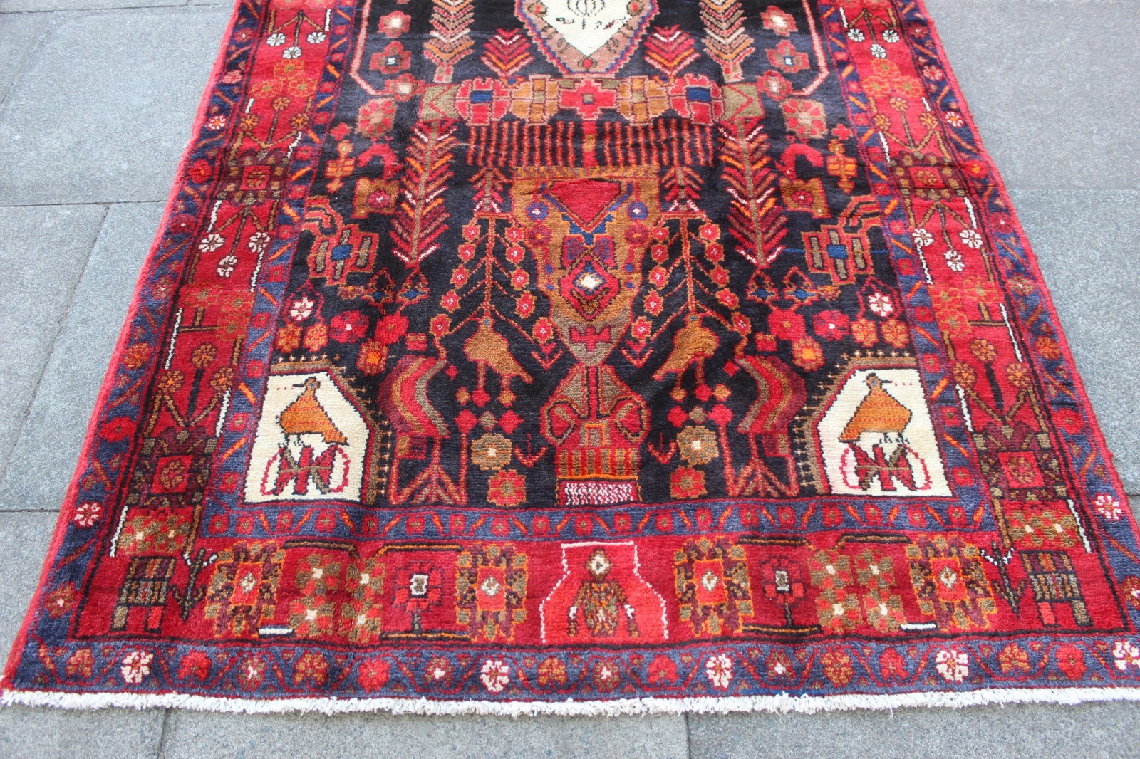 Vintage Hand Made Traditional Oriental Wool Red Black Large Long Rug 281x143cm