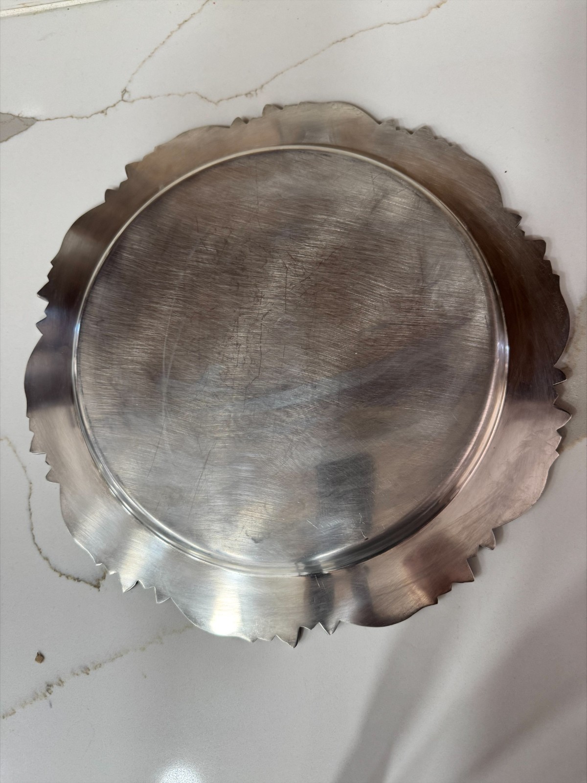 Silverplated Round Serving Tray Ornate Scroll Edge Etched Floral Center 14.5″