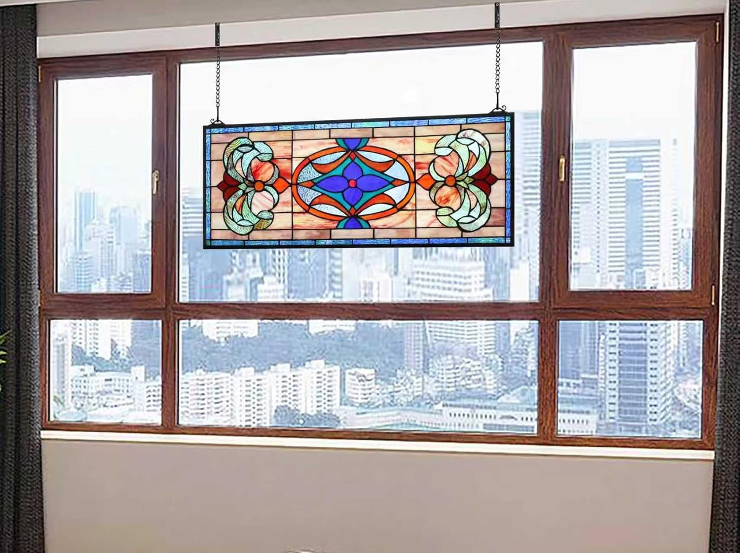 Extra Large Horizontal Blue Victorian Stained Glass Window Panels
