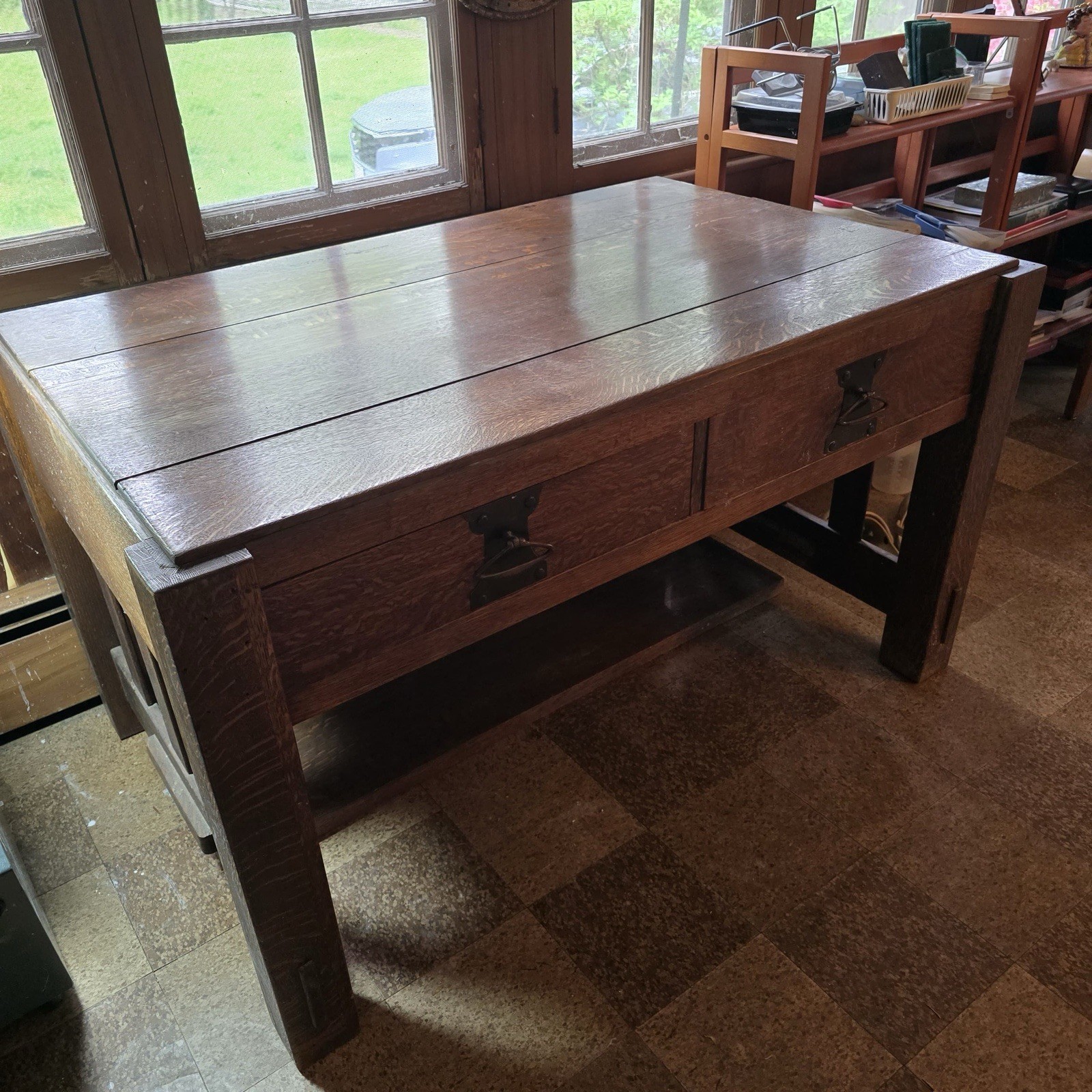 Arts & Crafts Mission Dark Wood Desk 50x32x40 Oak, Two Drawers, Metal Handles