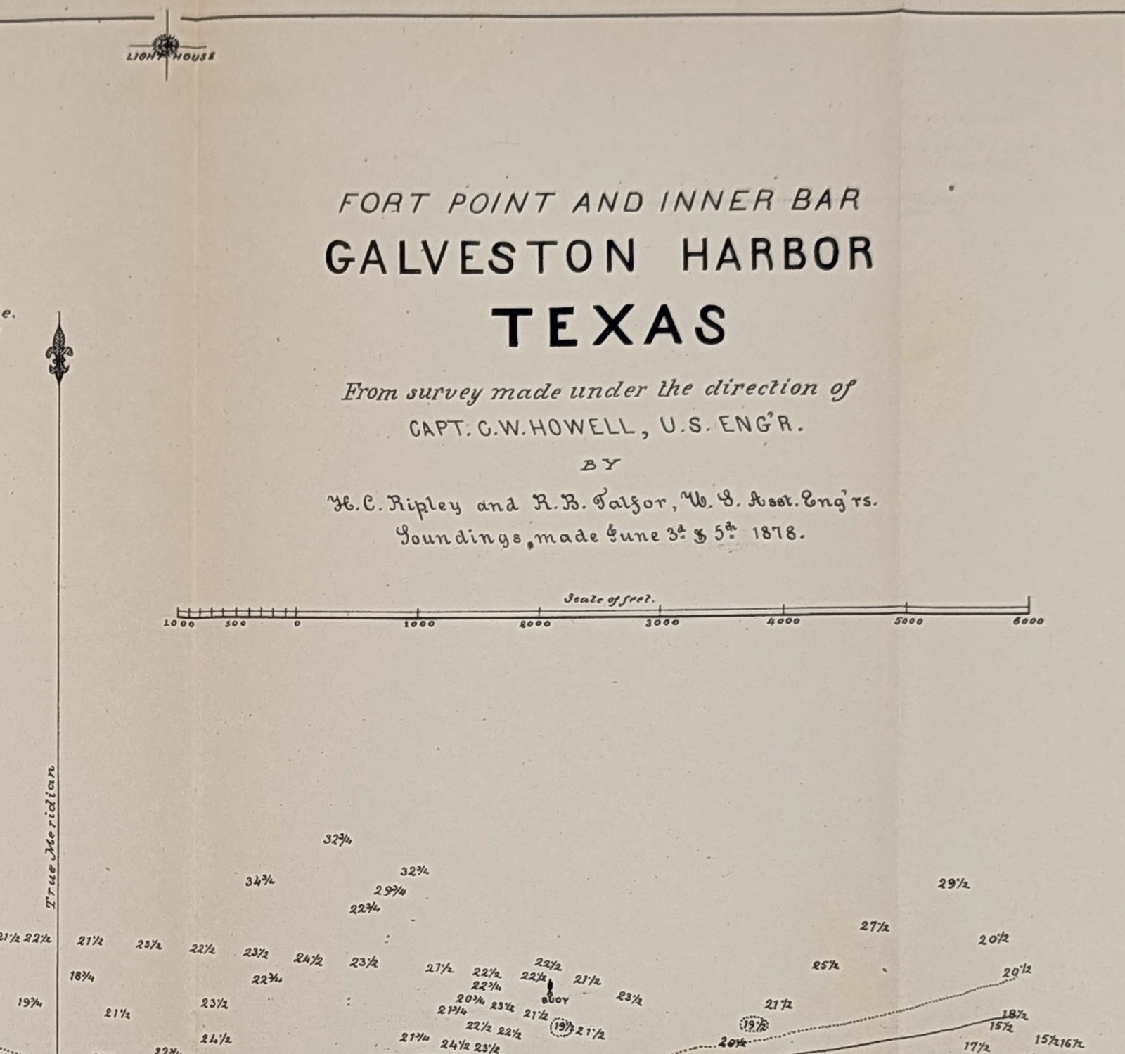 1878 Galveston Harbor Texas – Fort Point Map ORIGINAL Nautical Soundings