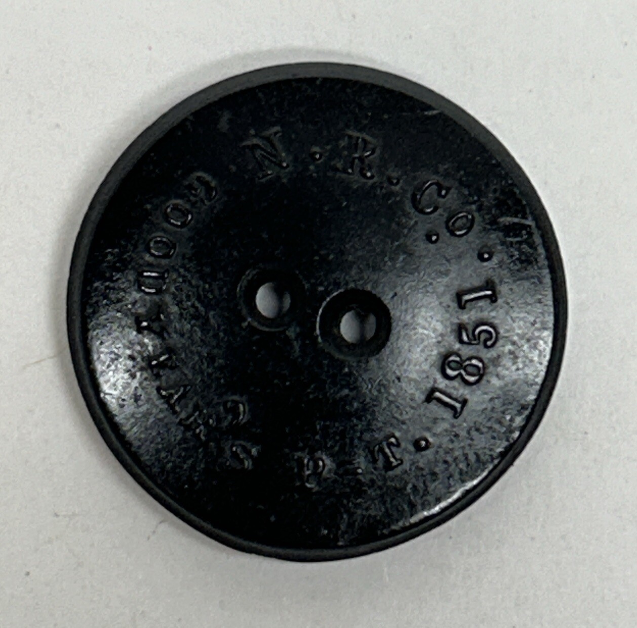 Vintage Sewing Button, Plastic, Goodyear’s P=T, 1851, N.R. Co.