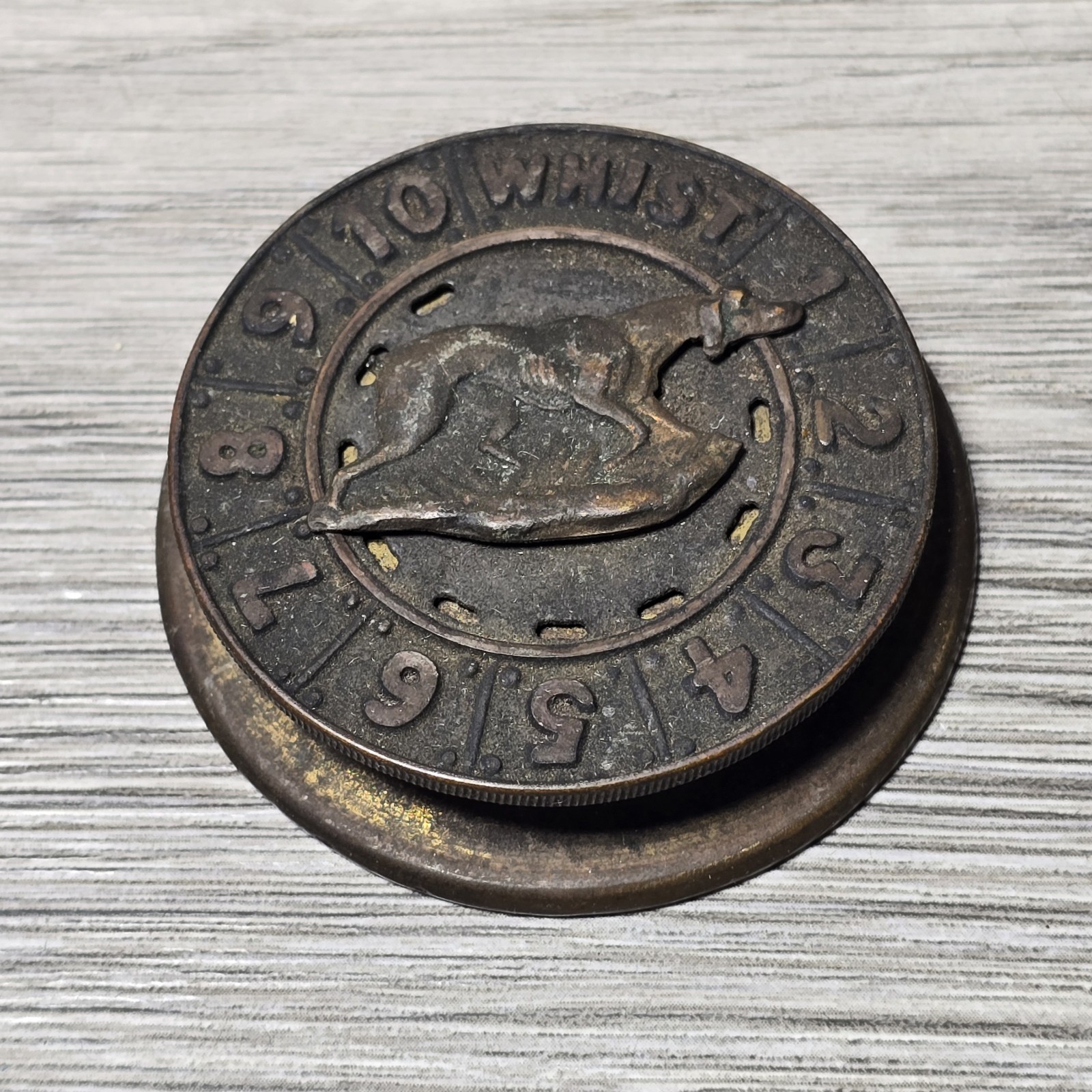 Late 1800s Victorian Brass Antique Whist Marker w/ Dog Pointer READ DESCRIPTION