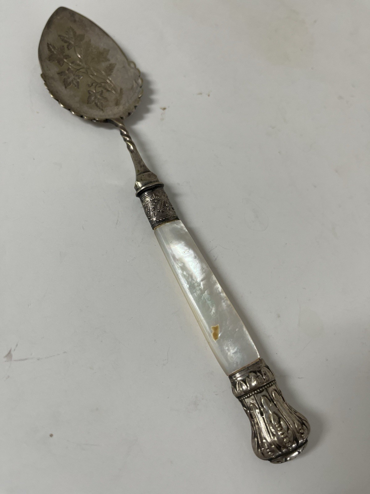 Antique Mother of Pearl Handle JAM SPOON Fancy Silverplate Collar & Tip England