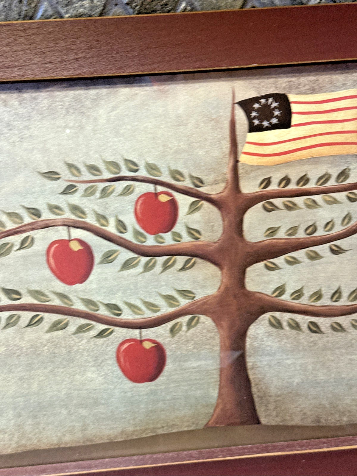 Vtg Primitive Print Apple Tree/Early American Flag By fiddlesticks 21.75” x 12”
