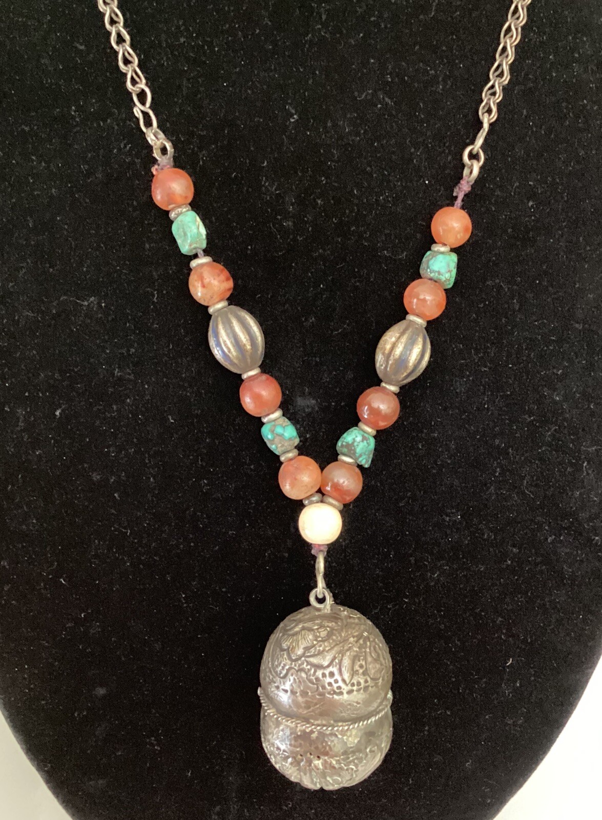 Antique Chinese Silver Bell Pendant Necklace Turquoise Carnelian Stone 26”