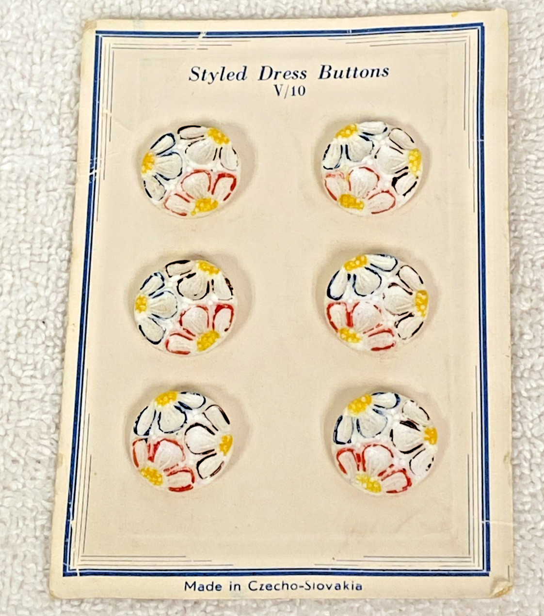 4 Vintage Czecho Slovakia Styled Dress Buttons Card Floral Impressed Design