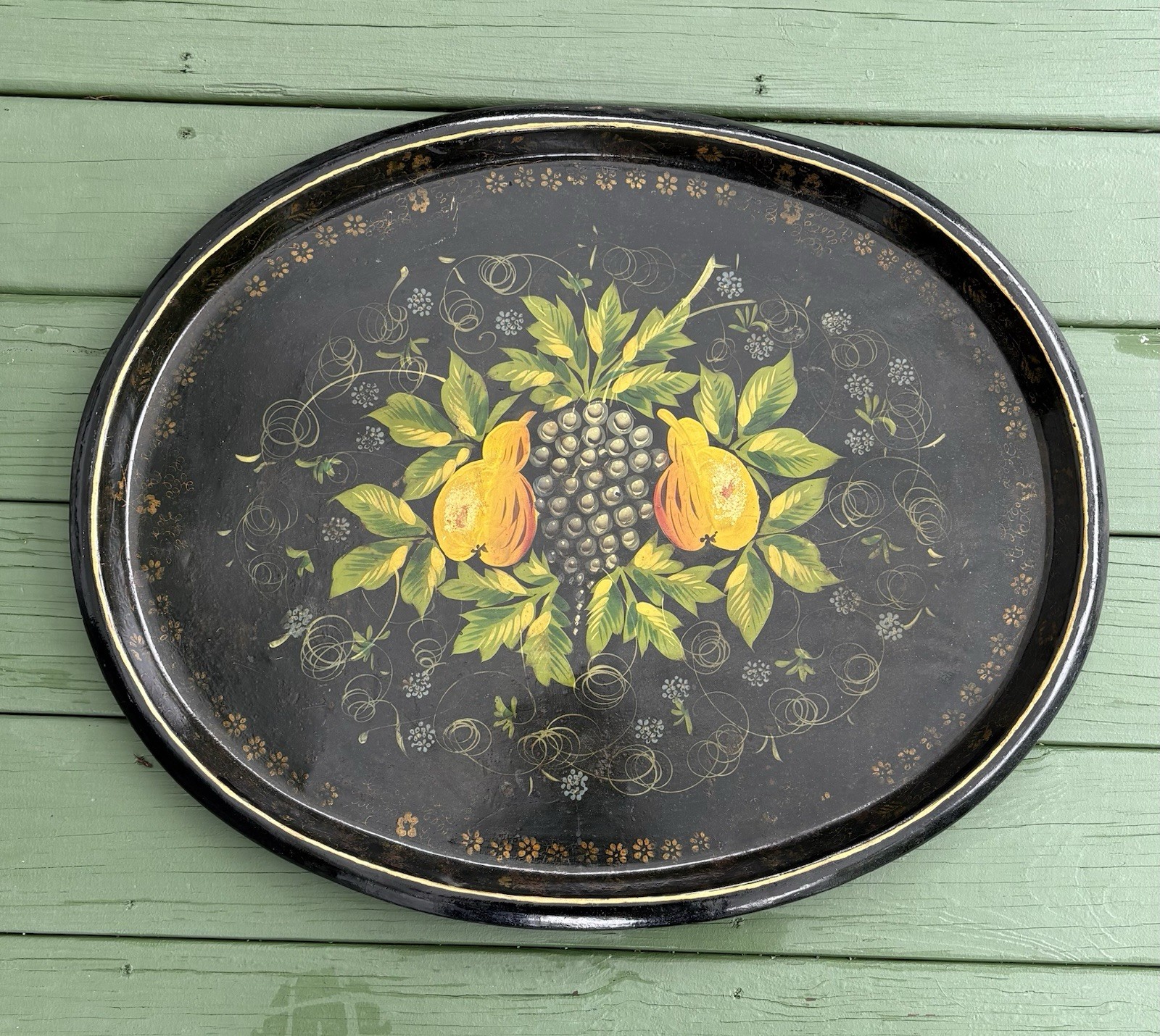 ANTIQUE TOLEWARE TRAY LARGE HANDMADE WITH PEARS GRAPES AMERICAN FOLK ART 19TH C