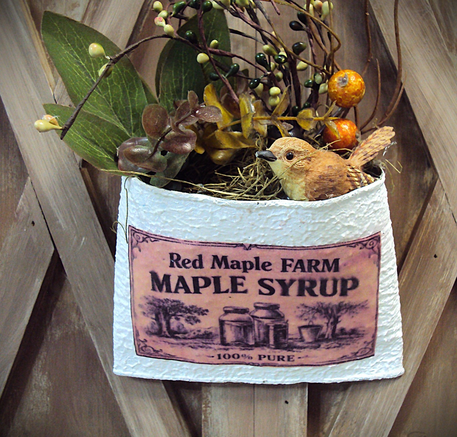 Primitive Farmhouse TIN HANDMADE WALL POCKET HANGING SPRING BIRD VINTAGE LABEL