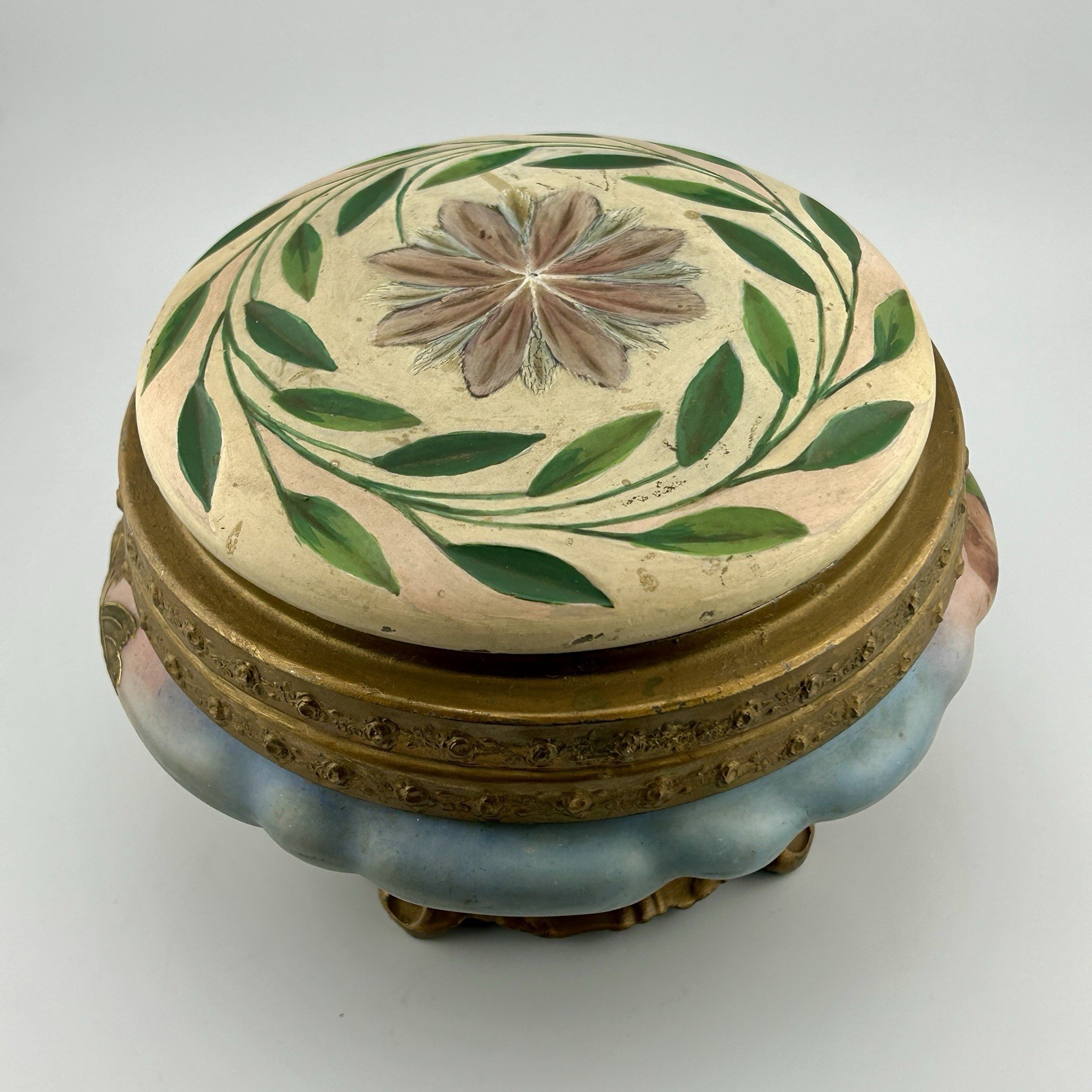 Antique Pairpoint Opaline Powder Jar Footed Quadruple Plate Hand Painted 1910s