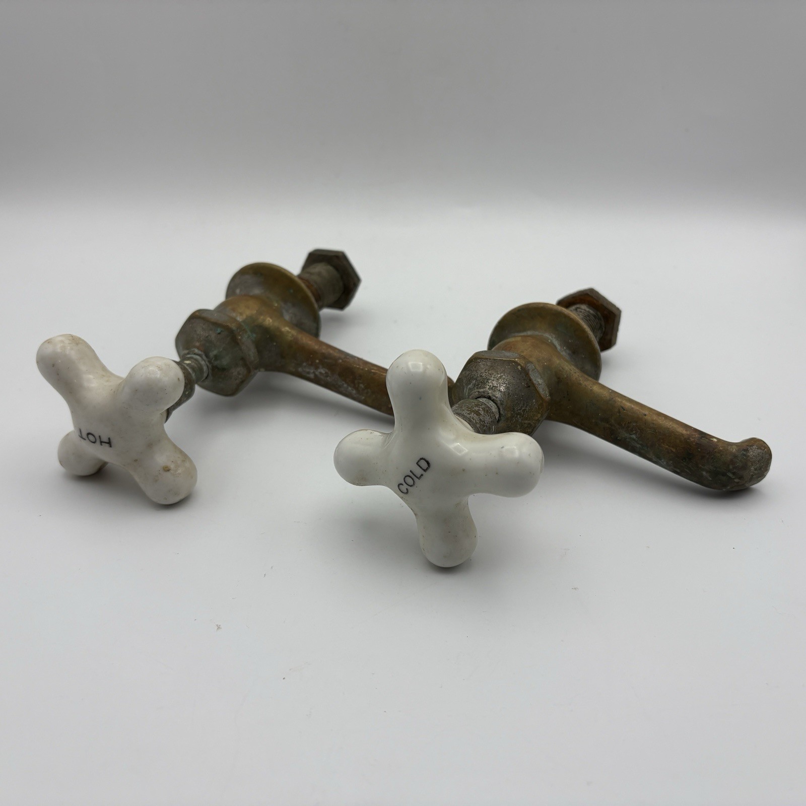 Vintage Brass Porcelain Basin Taps Hot Cold Faucet Pair Antique Early 1900s
