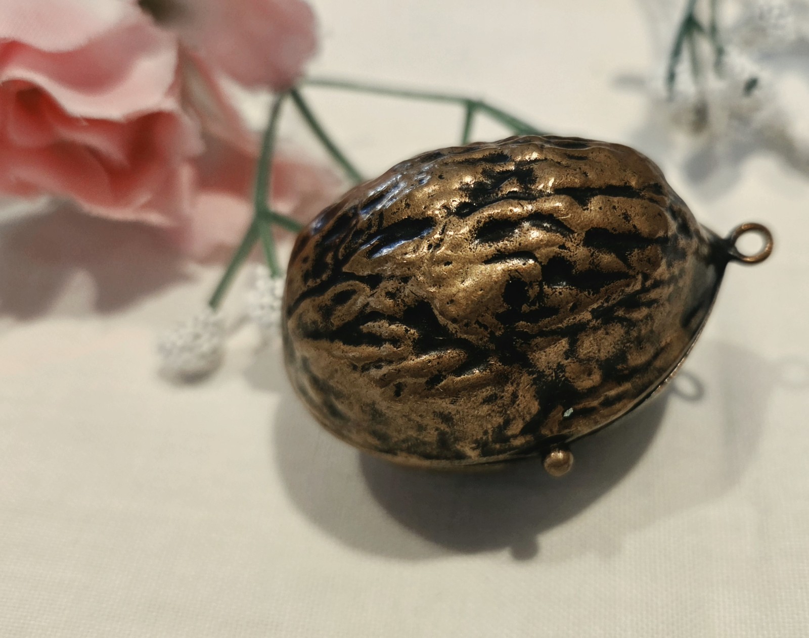 💐 ANTIQUE MINIATURE WALNUT CHATELAINE ETUI W COMPACT + PUFF & SCENT BOTTLE 💐