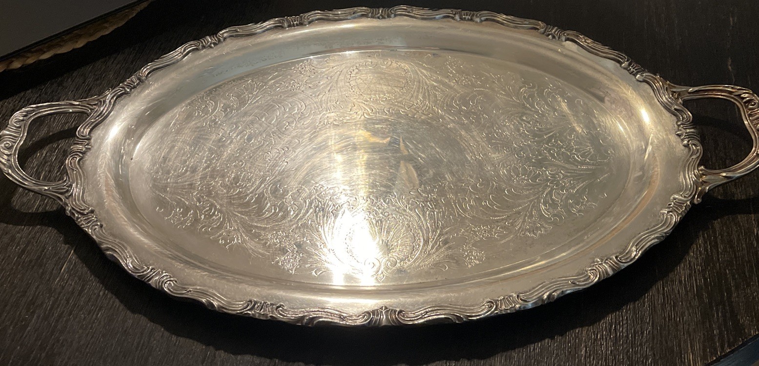 ANTIQUE F.B. ROGERS SILVER CO. TRADEMARK 1883 SILVER-PLATED DUAL-HANDLE TRAY