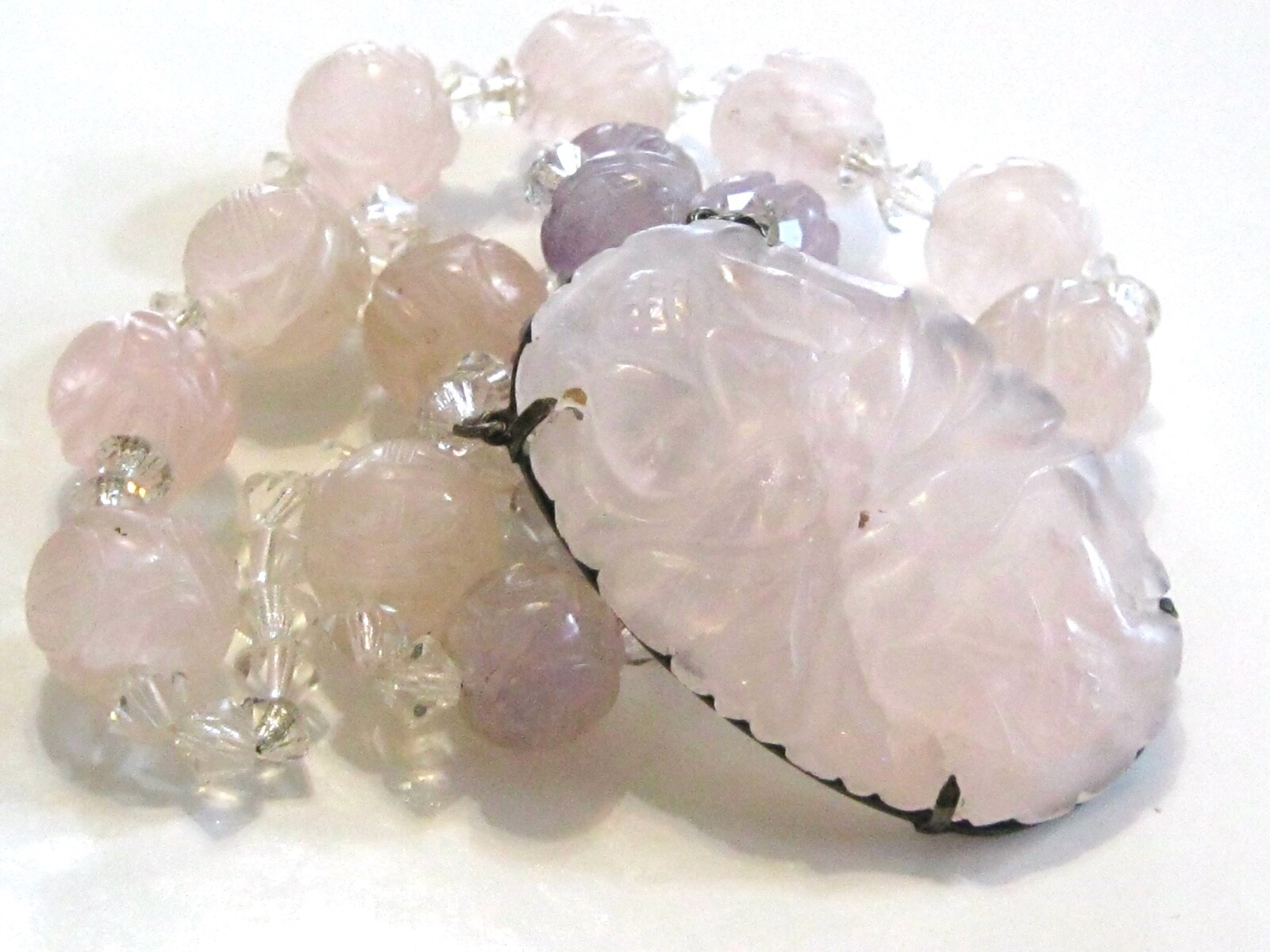 ANTIQUE ASIAN CHINESE CARVED SHOU BEAD ROSE QUARTZ & AMETHYST STERLING NECKLACE