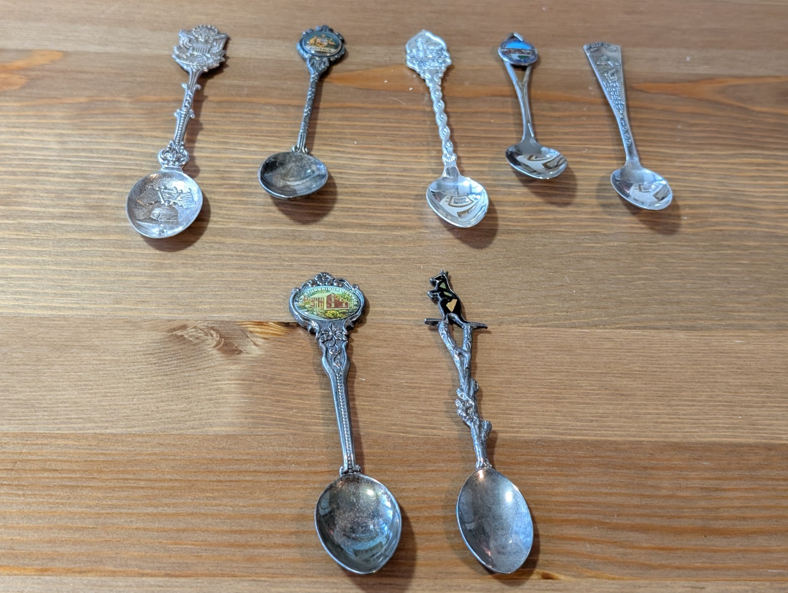 7 Lot Souvenir Teaspoons Australia, Apollo 11, Liberty Bell, Roosevelt Cottage