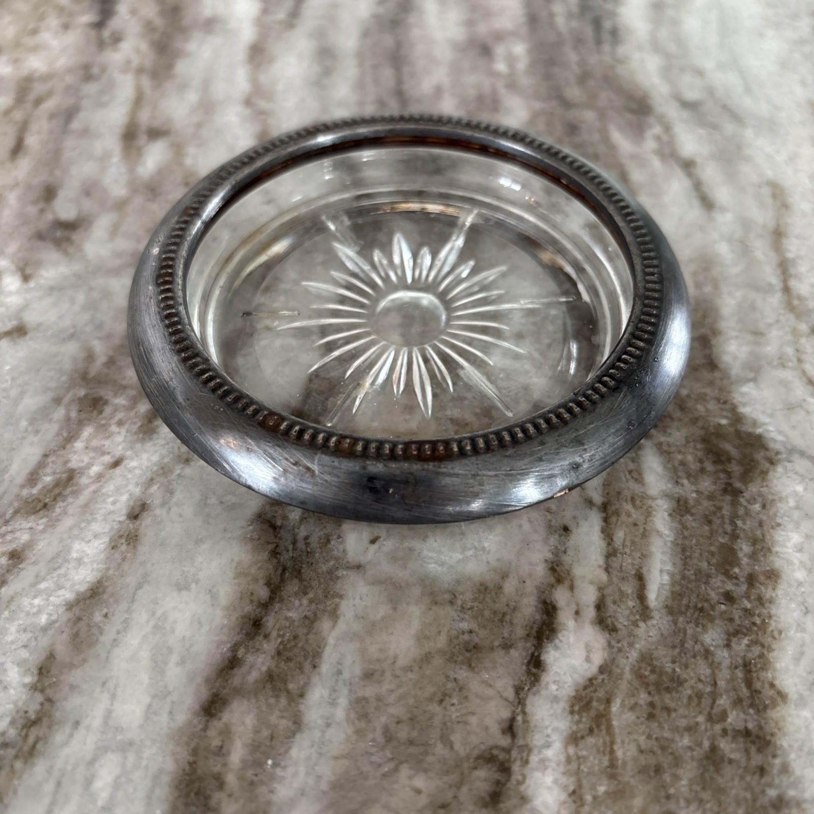 Vintage Leonard Silver Plate on Crystal Coaster Ashtray Trinkets Dish Italy