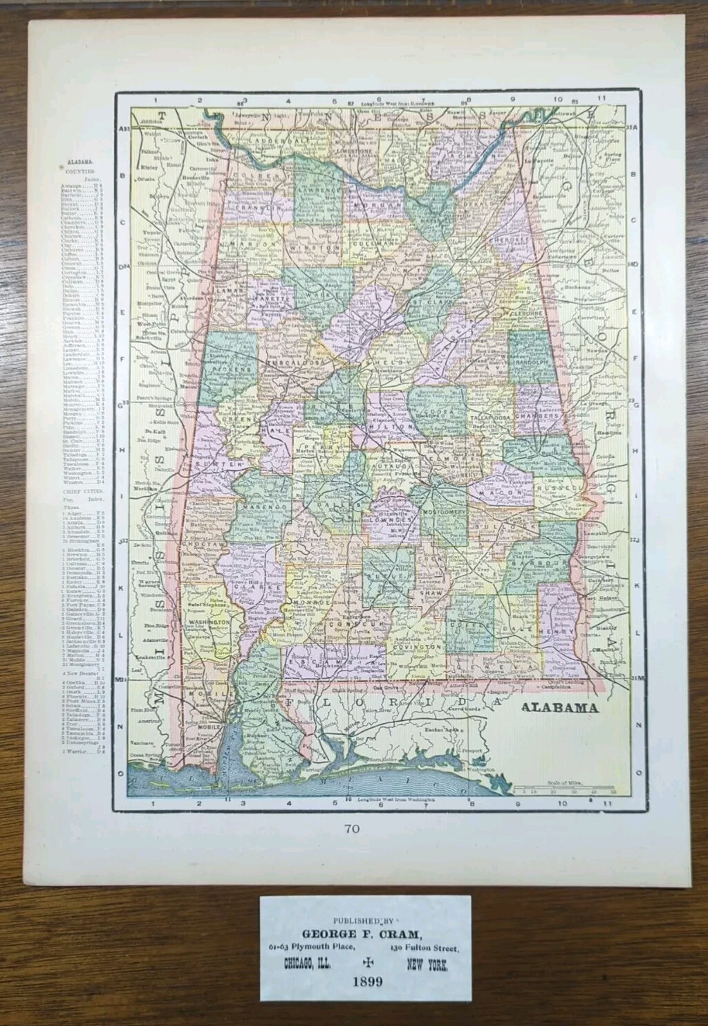 Vintage 1899 ALABAMA Map 11″x14″ ~ Old Antique Original BIRMINGHAM MONTGOMERY AL