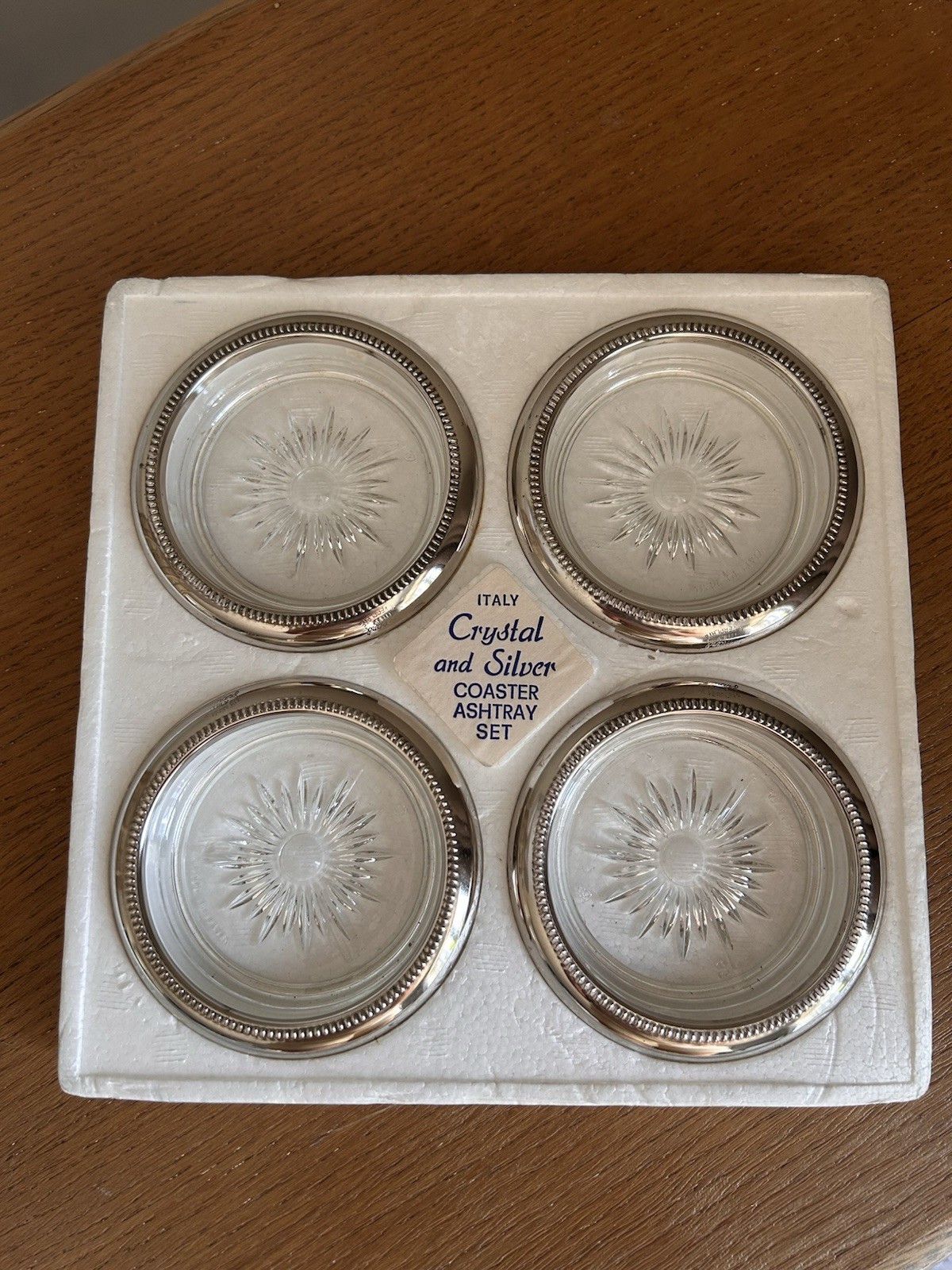 Leonard Italy Vintage Crystal Silver Coaster Ashtray 4 Pieces