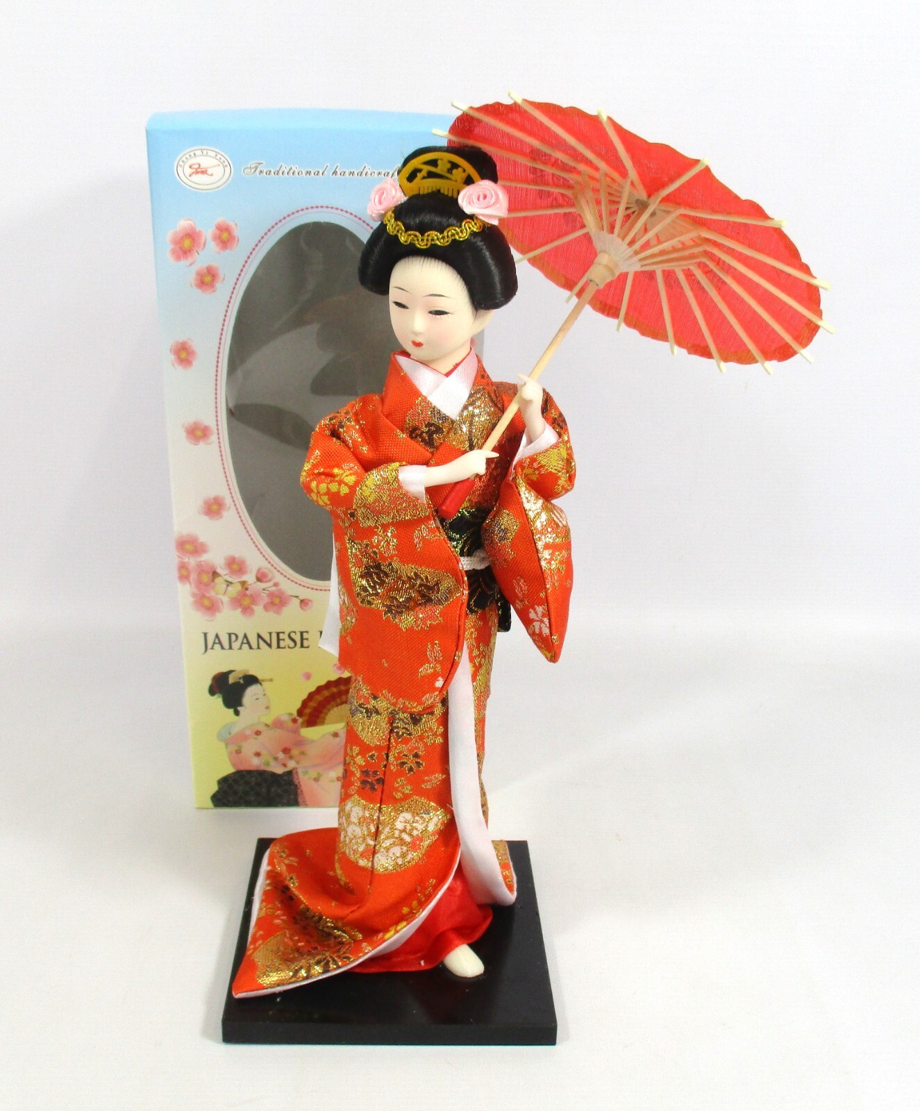 Vintage Zhong Yi Fang Japanese Geisha Doll with Parasol 33cm in Original Box