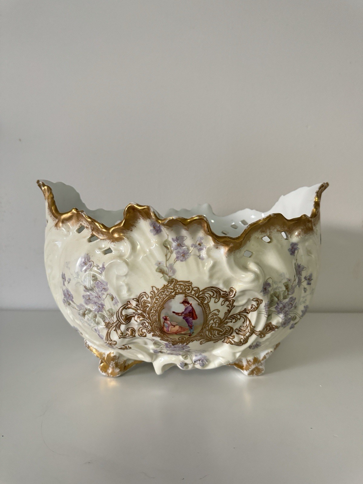Antique Large Limoges France Klingenberg Dwenger Footed Bowl Courting Scene Gilt