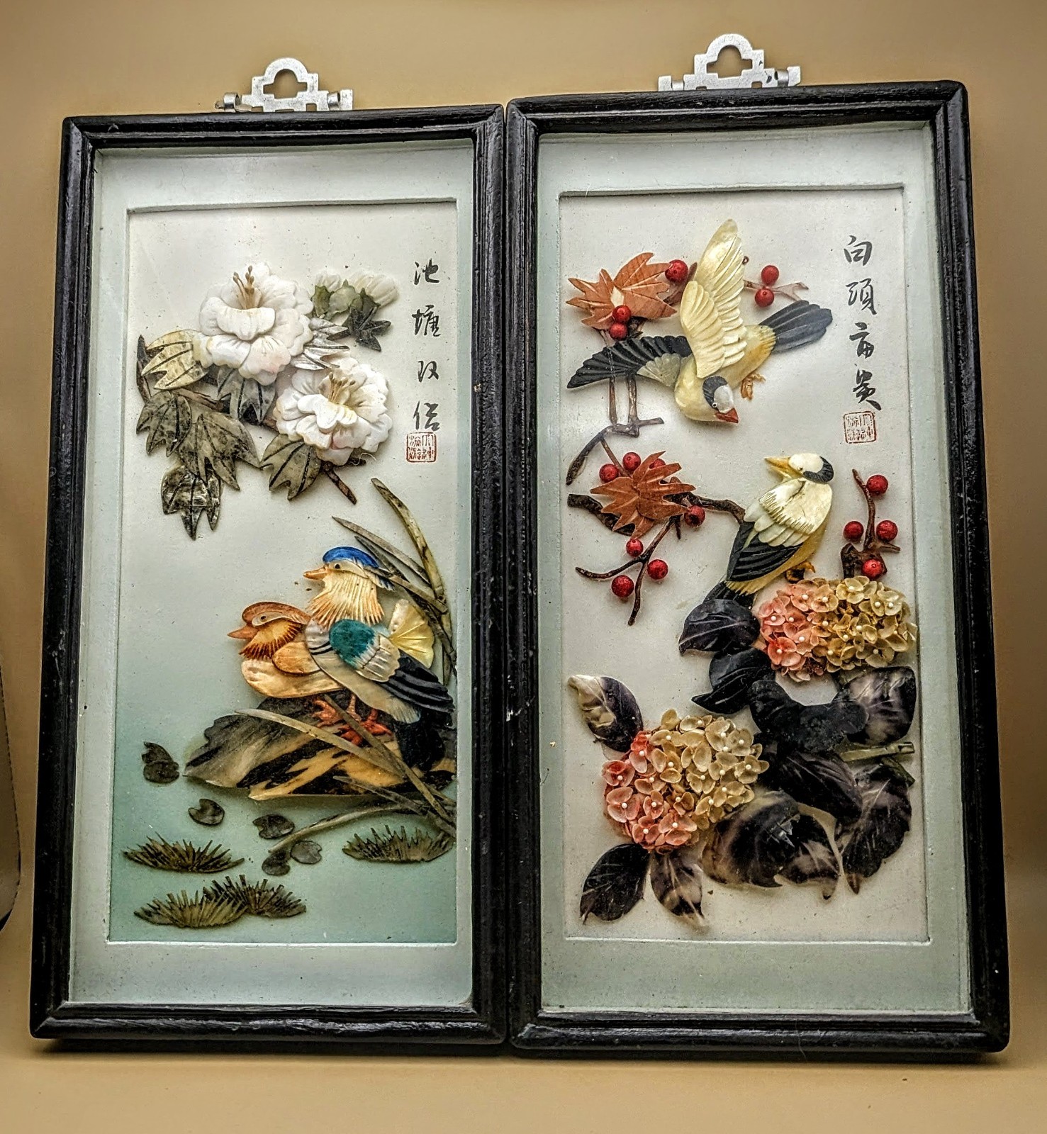 Antique pair of asian low reliefs framed Mid-1900’s mother of pearl