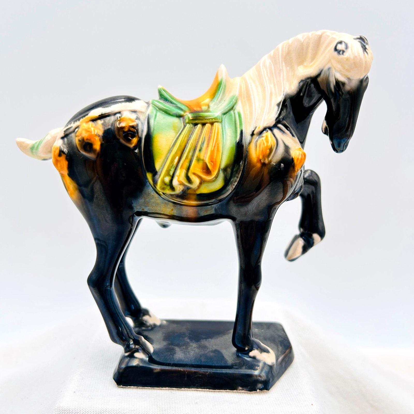 Chinese Tang Dynasty War Horse Drip Style Black Glaze Ceramic Figurine Vintage