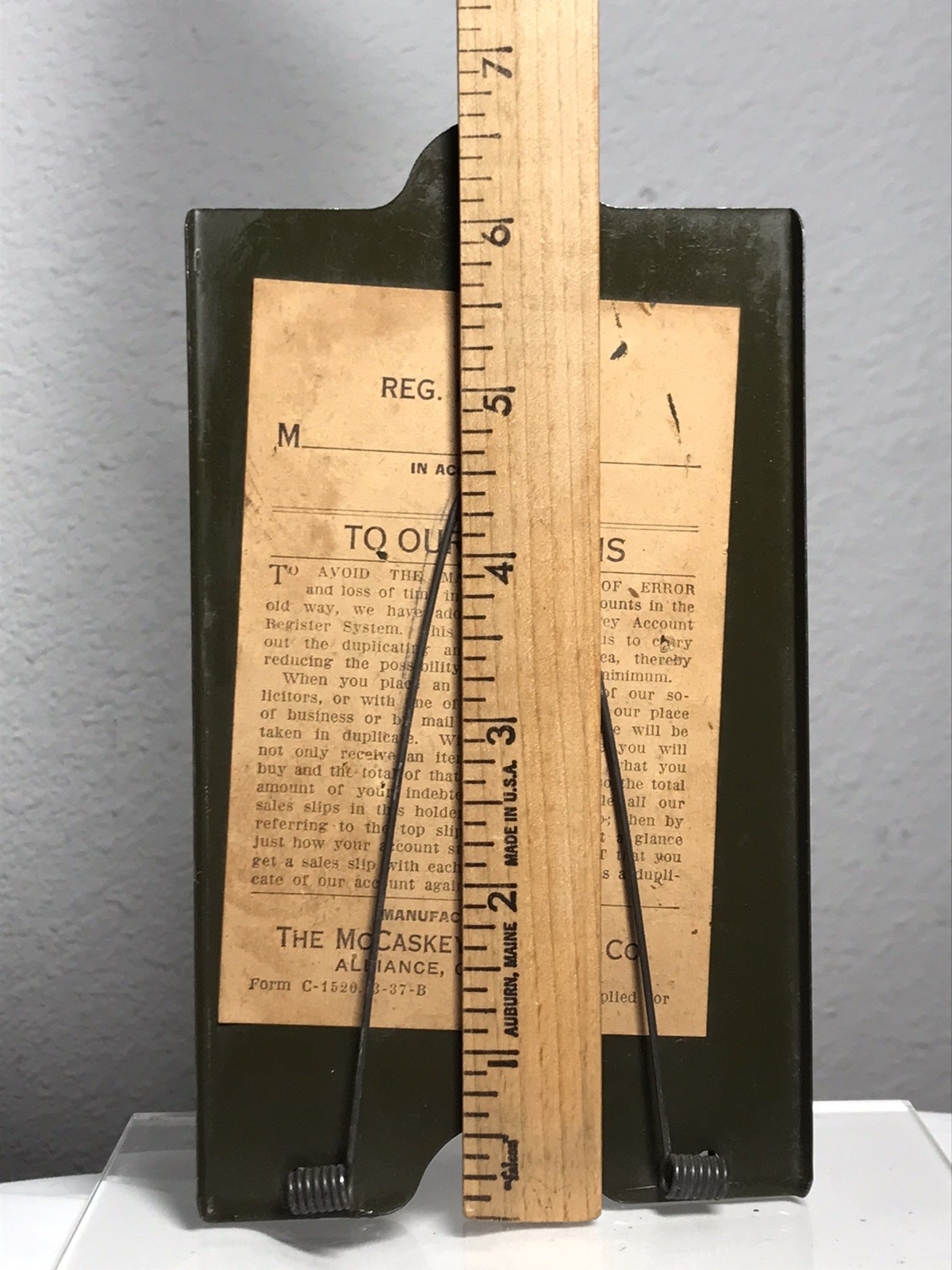 Antique McCaskey Register Co. Alliance OH Metal Spring Receipt Holder ~ Green