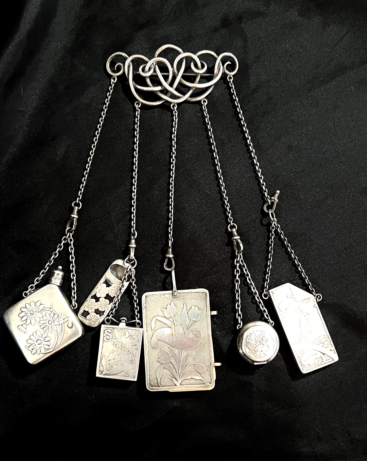 ANTIQUE VICTORIAN STERLING SILVER CHATELAINE FROM 19 CENTURY LARGE UNIQUE AS IS