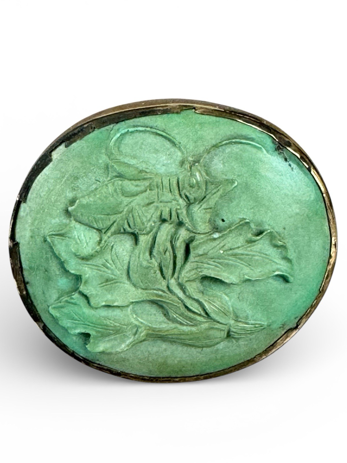 Chinese 9ct Gold Mounted Turquoise Ring, Carved Cricket On Pak Choi, UK Size L