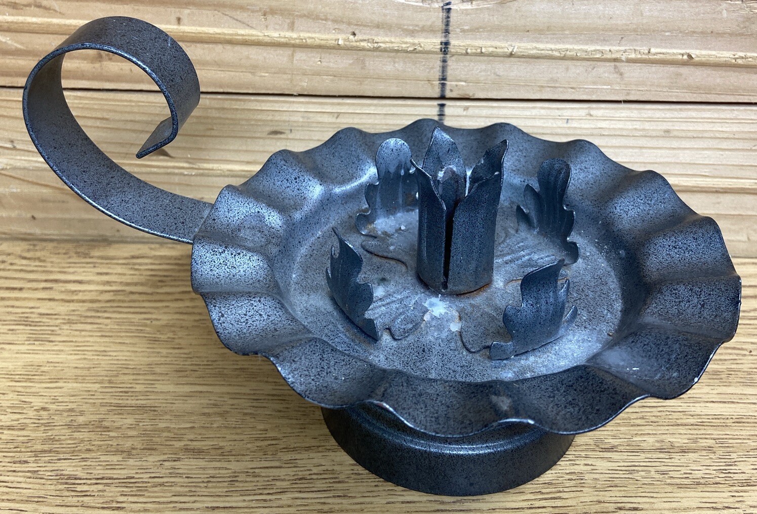 VINTAGE PUNCHED TIN 7″ CANDLE HOLDER W/ FINGER LOOP & STAR PATTERN