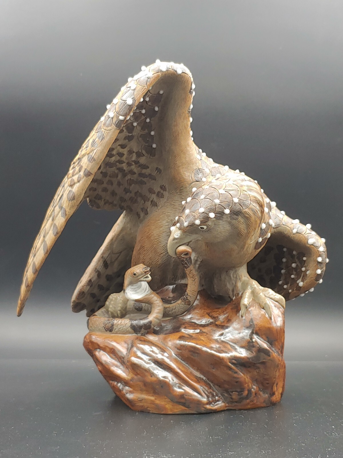 文革宜兴紫砂雕塑鹰伏蛇 Chinese Cultural Revolution Zisha Sculpture Eagle Catch Snake Statue