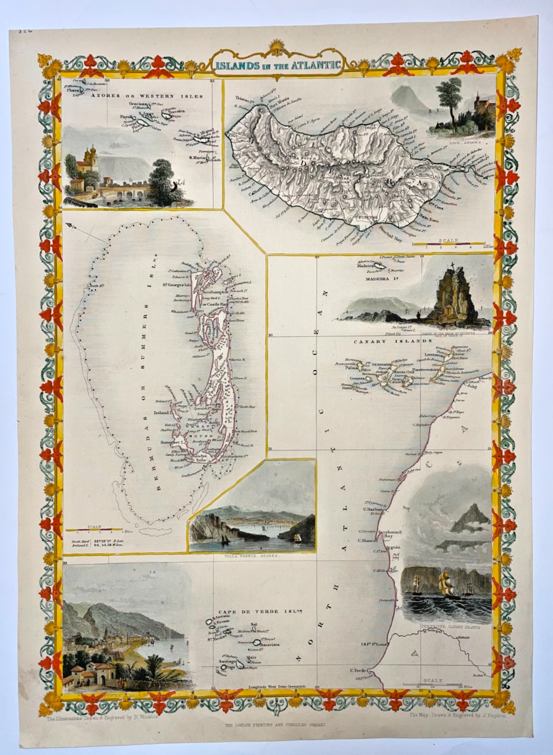 ISLANDS MADEIRA CANARY BERMUDA AZORES CAPE VERDE 1851 JOHN TALLIS ANTIQUE MAP