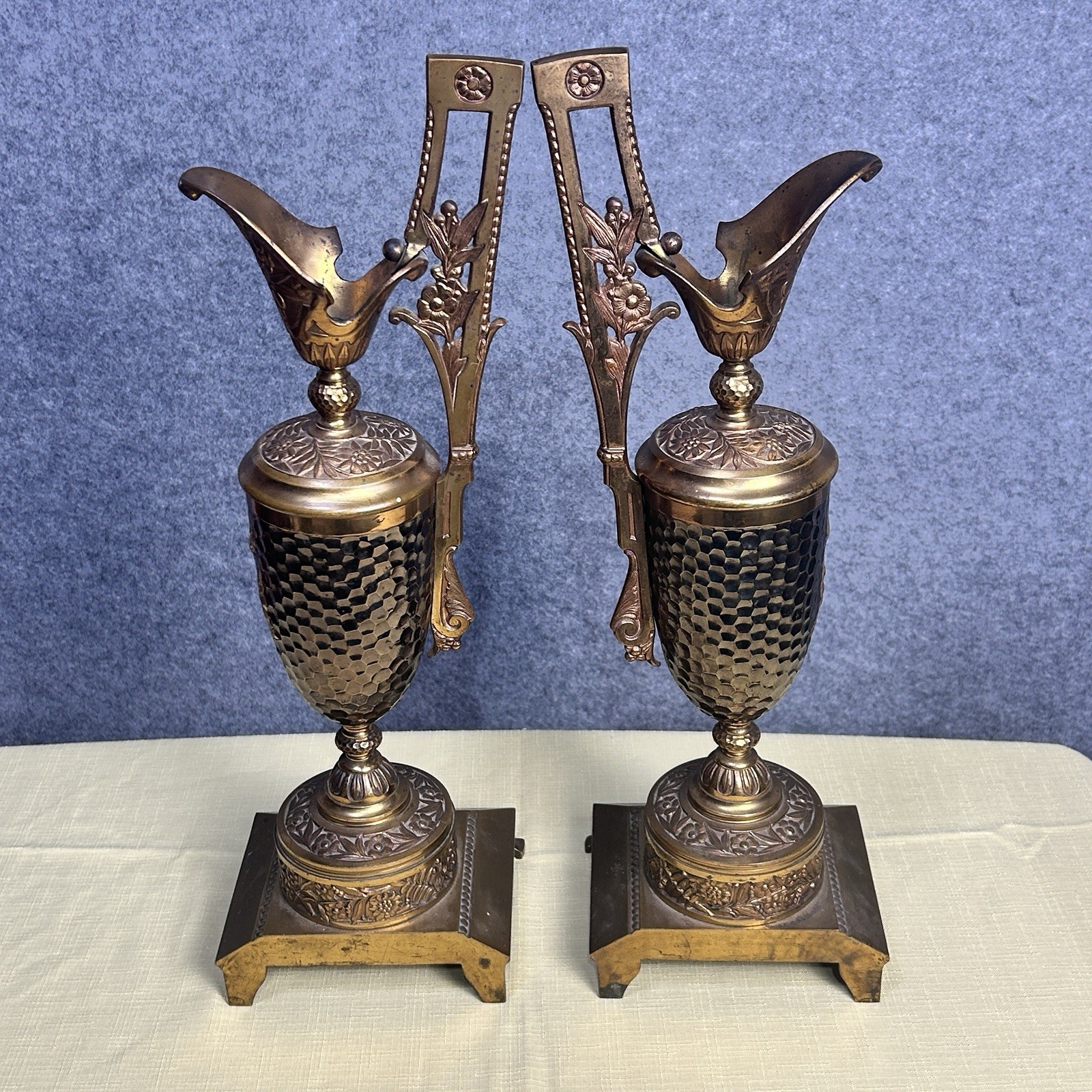 Pair Antique Aesthetic Movement Brass Mantel Ewers Garnitures Floral Hammered