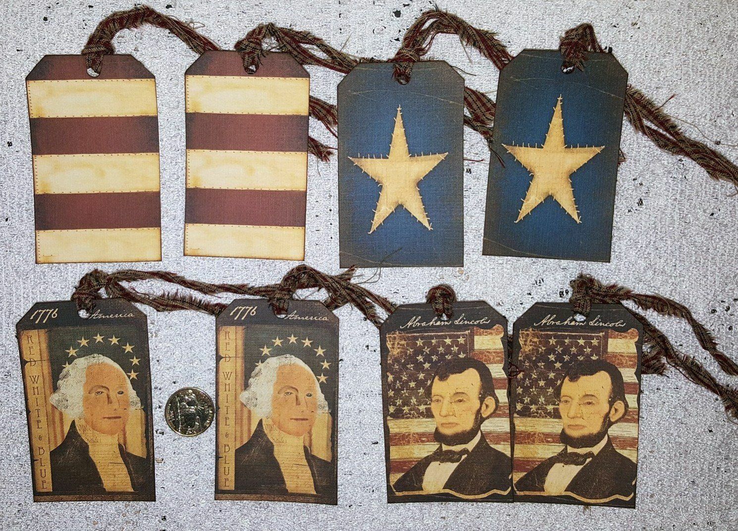 8~Primitive~July 4th~Patriotic~Fussy Cut~Linen Cardstock~Gift~Hang~Tags~Ornies