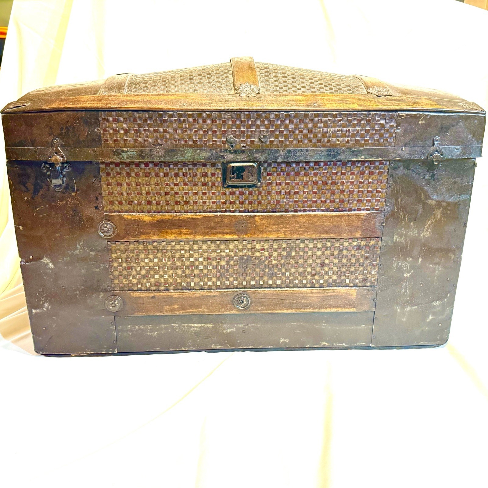 T.O.P. Antique Dome Top Steamer Trunk Tin Clad 1920s