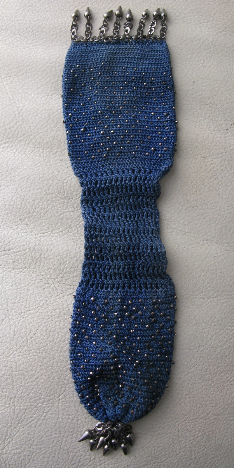 Antique Blue Crochet Silver Steel Micro Bead Tassel Fringe Miser Purse 1890s