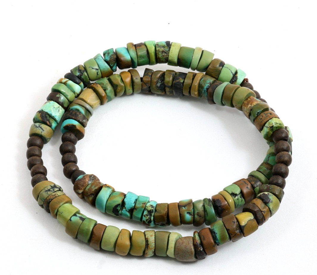 Millennium-Old Set of 2 Tibetan Turquoise Bracelets, Aged Patina Meditation