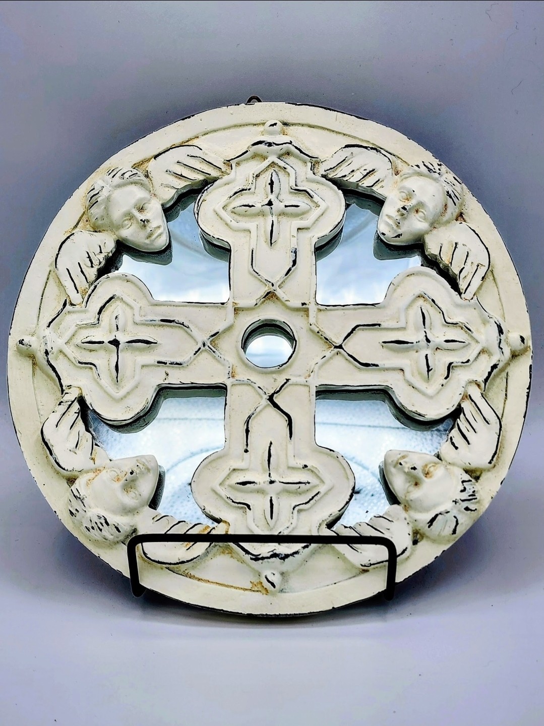 Vintage Distressed White Cherub /Angel & Cross Mirror – 8″ Wall Plaque Gothic
