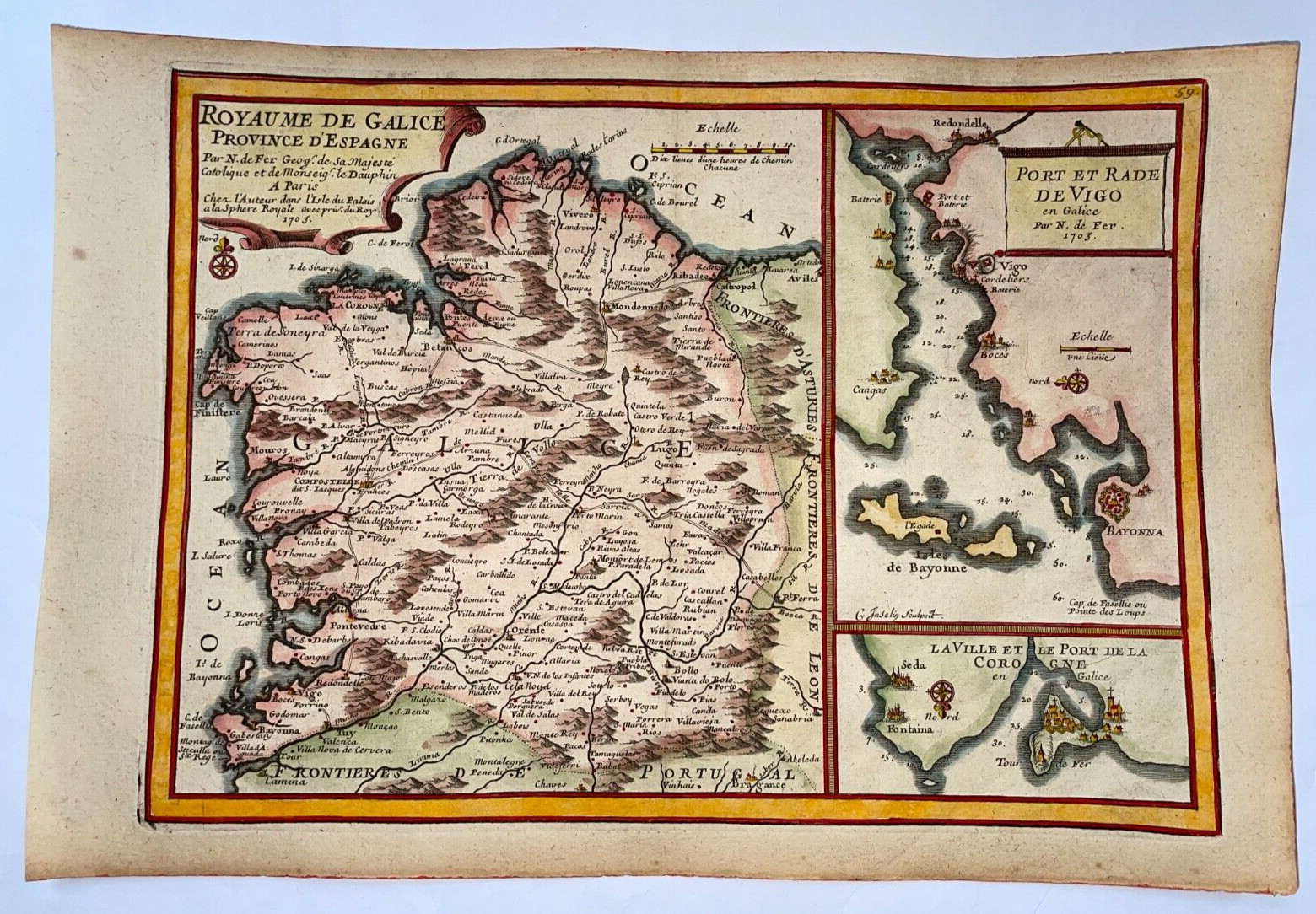 SPAIN GALICIA 1705 NICOLAS DE FER ANTIQUE ENGRAVED MAP 18TH CENTURY