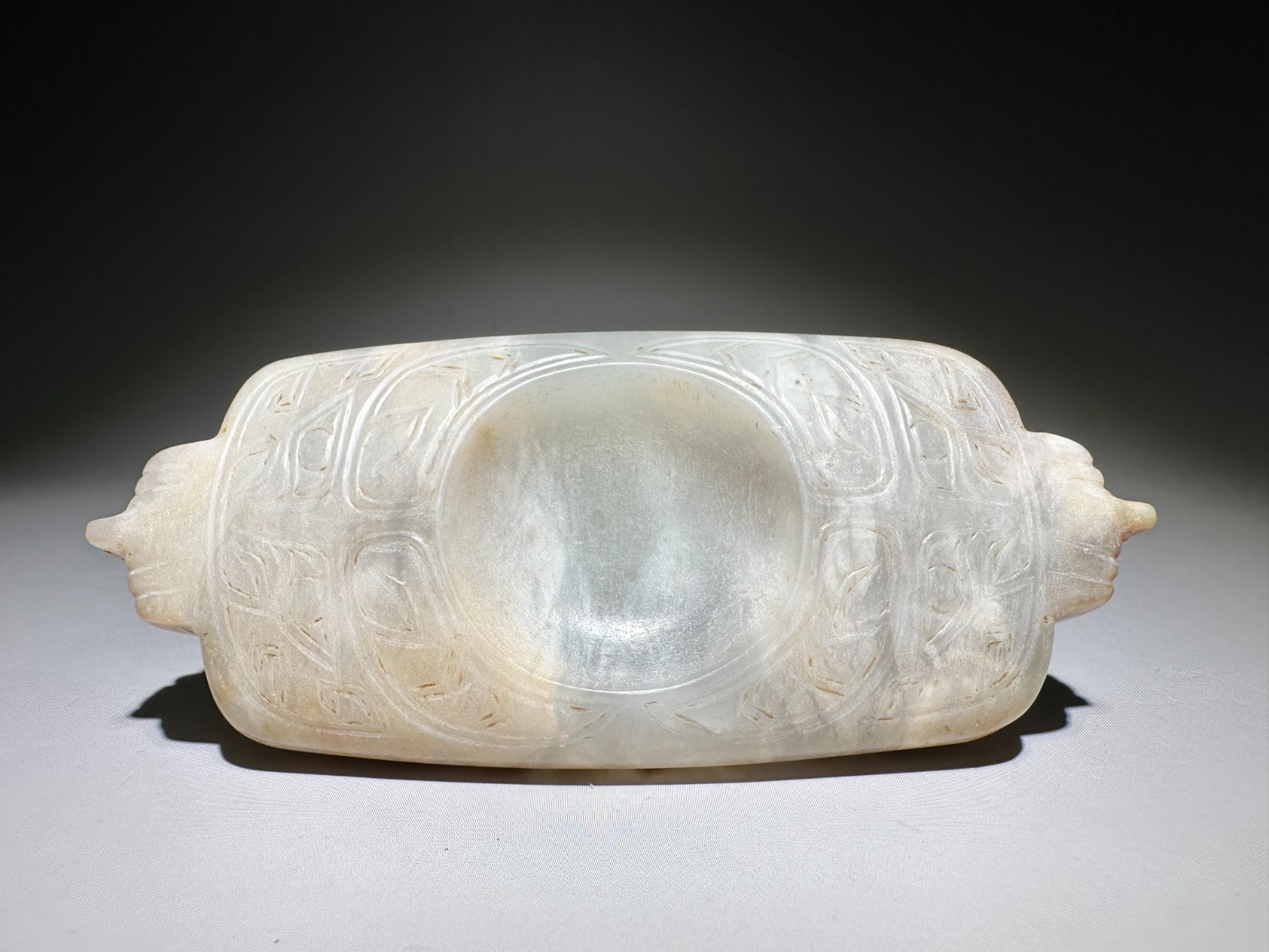 Rare Shang Dy Old Jade Carved Animal Face Design “Tiao Se Qi 调色器” L 11.0 cm