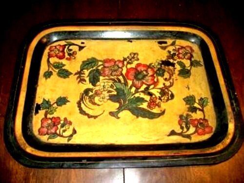 Antique French Tole Tray Folk Art Mustard Black Chateaucore 1880s Chippy Crinkle