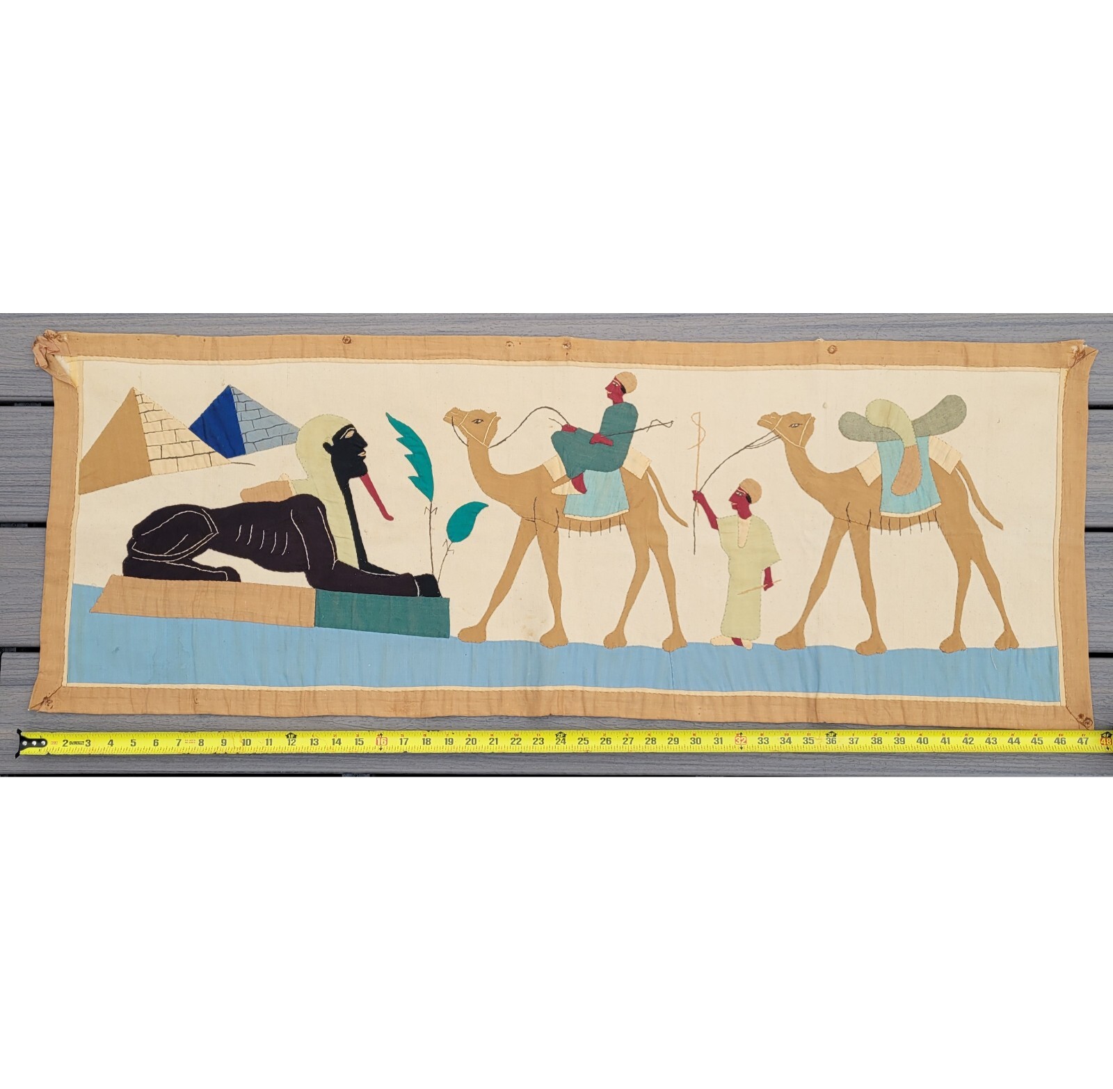 Antique Egyptian Revival Appliqué Hand Woven Textile Wall Hanging Tapestry 47×17