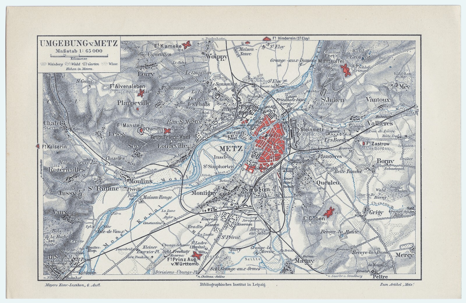 Metz & Vicinity – Original 1909 Map by Meyers. Antique. France