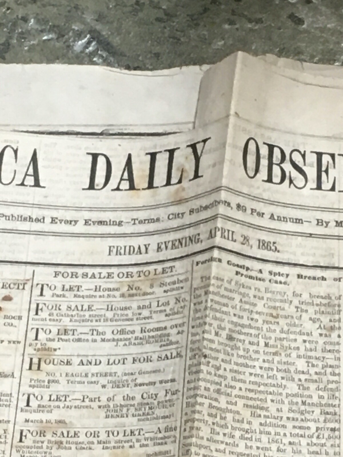 Utica NY LINCOLN ASSASSINATION April 28 1865 Booth dead Oneida County Civil War