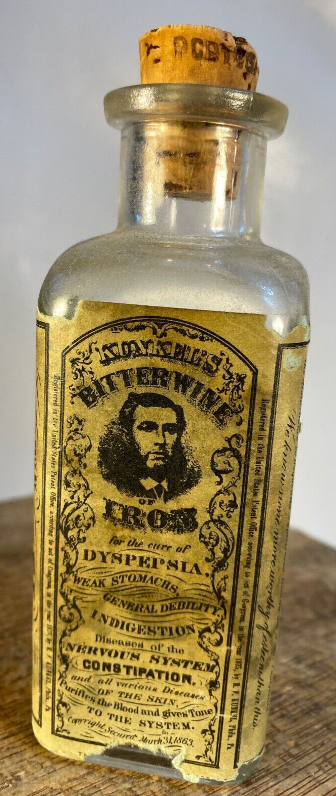 VERY RARE E. F. Kunkel Paper Label Medicine Bottle “Kunkel’s Bitterwine of Iron”