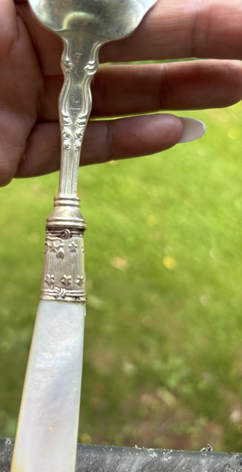 Antique Silverplate SERVING FORK Mother of Pearl STERLING Collar Ornate AS IS