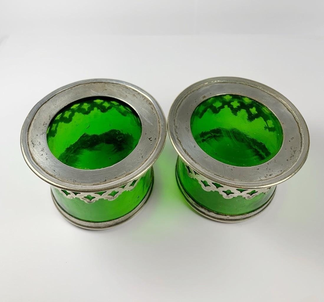Victorian Silver Plated Openwork Salt Cellars c1850 Green Glass Gothic Revival